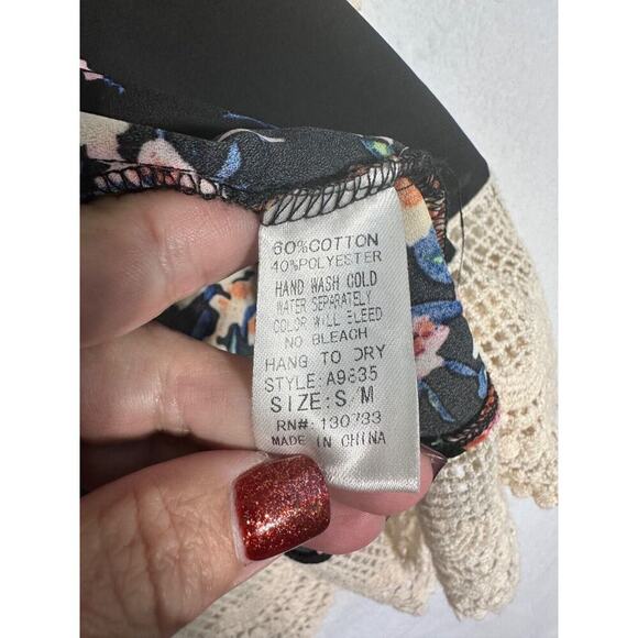 UMGEE Black Cream Open Top S M Oversized Boho Peasant Lace - Picture 6 of 8